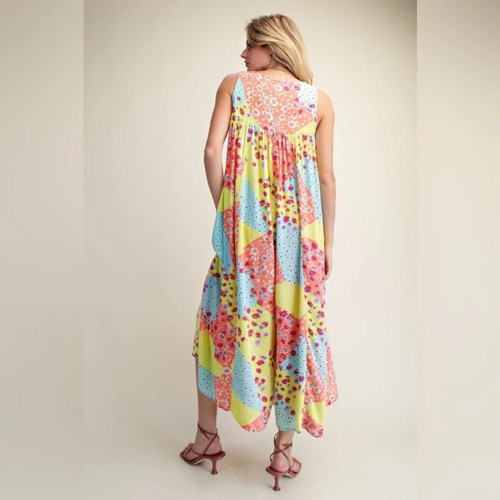 #91 easel Yellow, Blue & Coral Patchwork Floral Maxi Jumpsuit - Picture 3 of 3